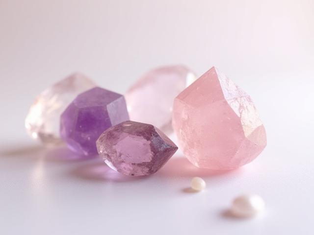 Eine Auswahl von polierten Edelsteinen wie Rosenquarz, Amethyst und Bergkristall, die sanft leuchten.